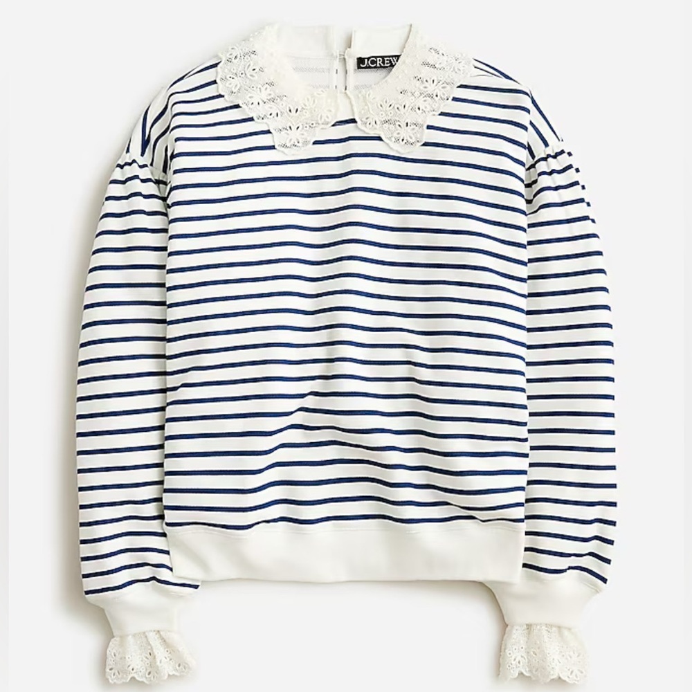 J. Crew French Terry Striped Lace Neck And Cuff Drop Shoulder Sweatshirt M